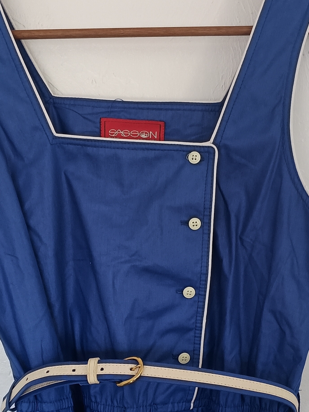 Vintage Sasson Cotton Blend Blue Sleeveless Midi Dress with Contrast Piping - Picture 6 of 9